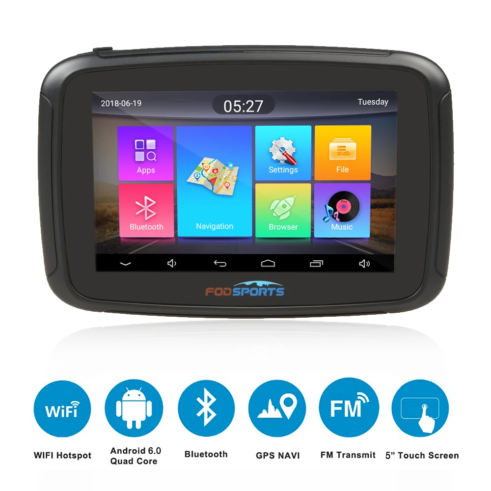 Fodsports Android 6.0 Wifi Motorcycle GPS Navigation IPX7 Waterproof Bluetooth car 5 Inch GPS Navigator 1GRAM+32G Flash Free Map enlarge