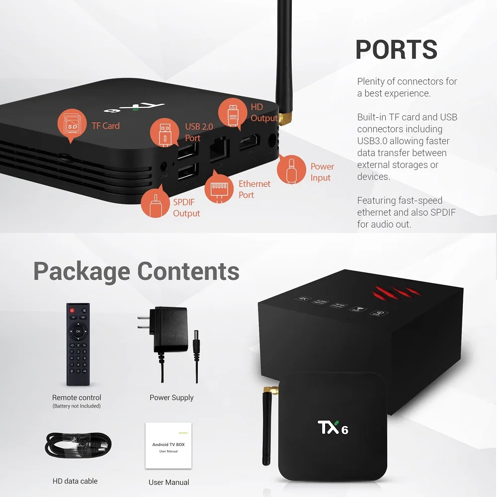 

Smart TV Box TX6 Android 9.0 LPDDR3 4GB RAM 64GB ROM Allwinner H6 Quad Core USD3.0 BT4.2 4K Google Play Youtube Set Top Box