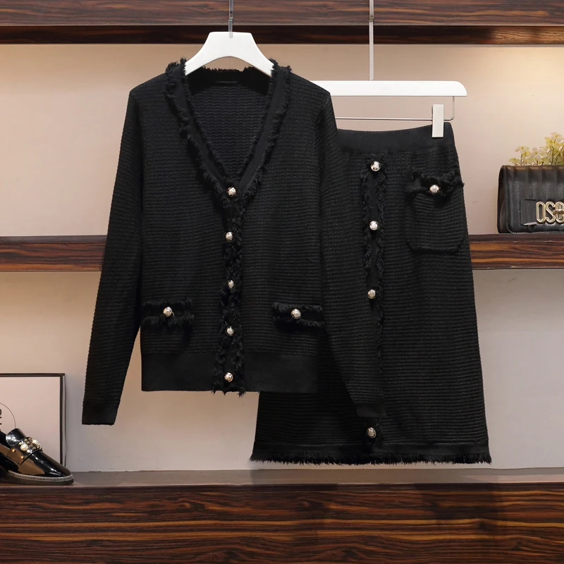 Женский элегантный Трикотажный костюм с кисточками осень 2020 кардиган топ и юбка