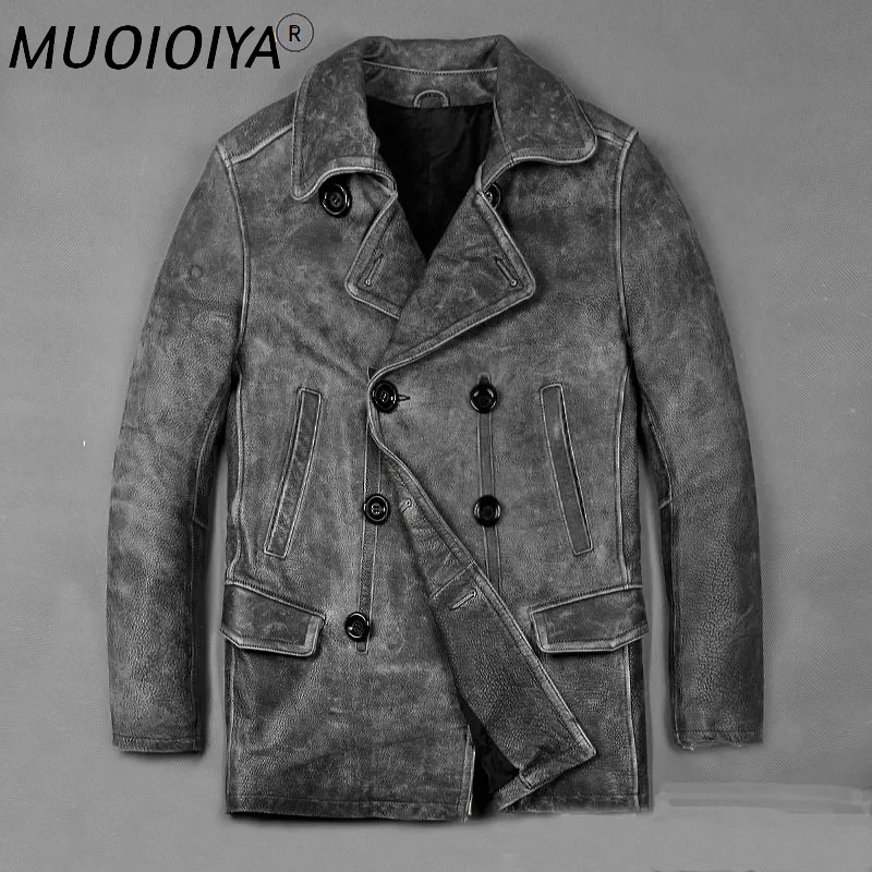 

2021 Men Vintage Gray Motorcycle Leather Jacket 100% Genuine Thick Cowhide Male Suit Coats M-XXXL