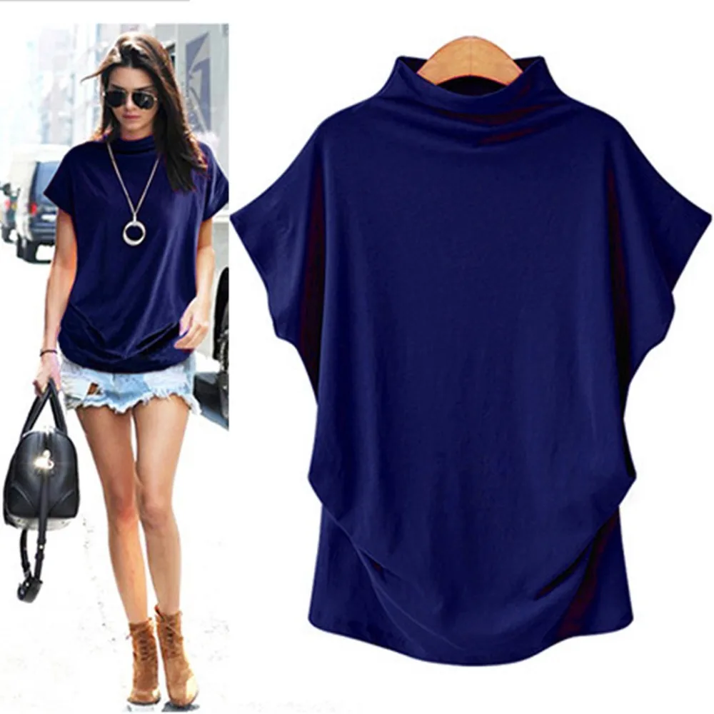 

Women Plus Size Tshirts Turtleneck Batwing Sleeve Short T shirt Blouse Female Cotton Solid Tops Ladies Trend Tees summer