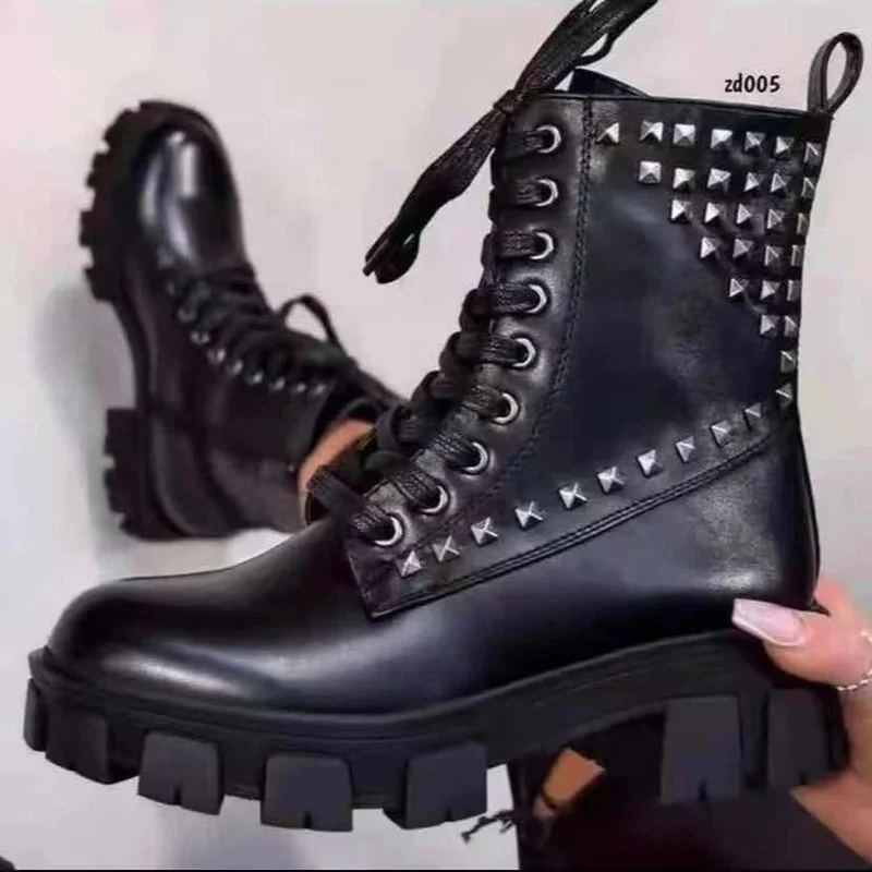 New Hot Women's Combat Boots Black Leather Boots Lace-up Women's Knee-length High Boots Antumn Women's High Heel Gothic Shoes