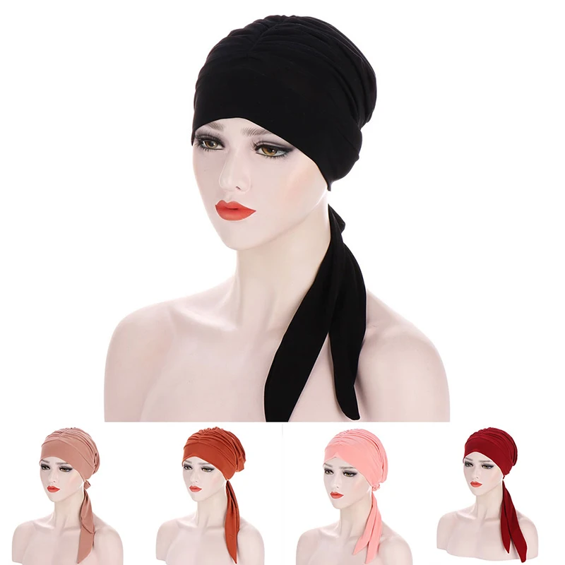 

Resuable Head Cover women Muslim Bonnet Hat solid color Turban Hat Folds Night Cap Colorful Sleep Hat Breathable Headscarf hot