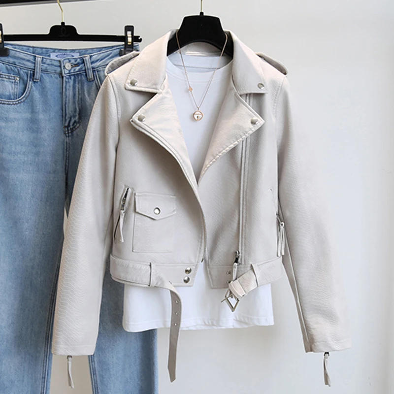 

FTLZZ Women Spring Autumn New Slim Short Snake Print Motorcycle Jacket Vintage Faux Leather Jackets Zipper Belt Overcoat
