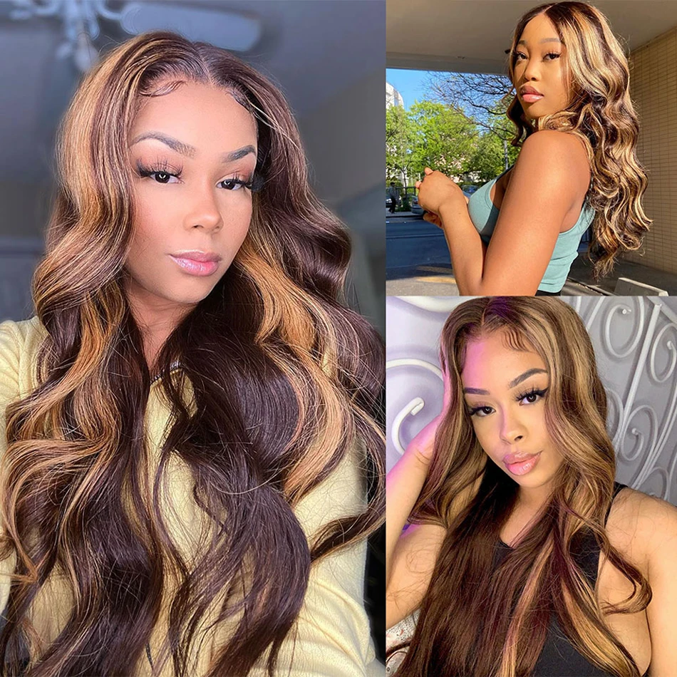 

Highlight Lace Front Human Hair Wigs Honey Blonde Body Wave Wig Brazilian Ombre Brown Remy Pre Plucked 13x1 Lace Part for Women