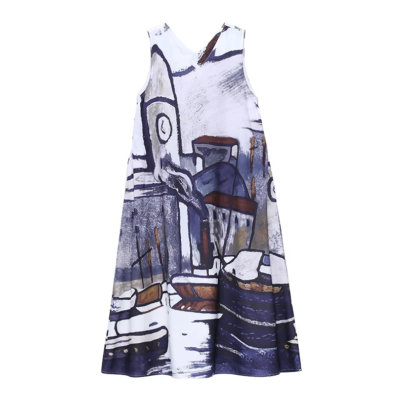 

2021 INS Sleeveless Dress Fashion Lady Street Snap V Neck Scenery Oil Painting Print A Line Elegant Dresses Women Freeshipping