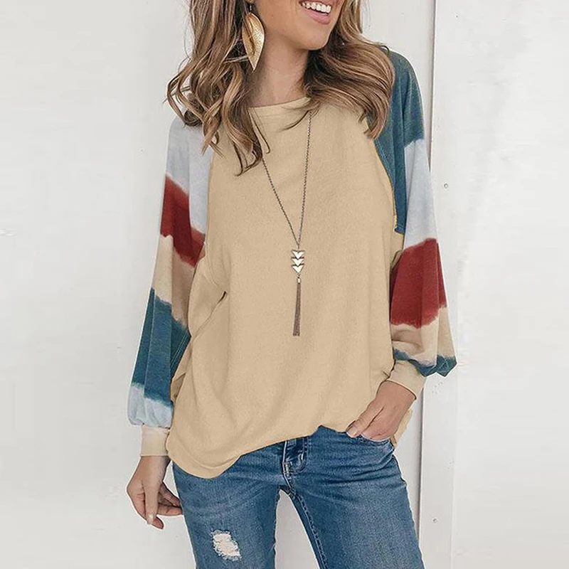 

Women's Spring and Autumn New Product Solid Color Stitching Round Neck Fashion Bubble Long Sleeve Pullover Casual Loose Top