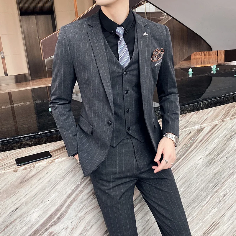 

Самостоятельная распродажа 2021, корейский мужской костюм для жениха, 3 предмета, модный приталенный мужской костюм в британском стиле с выши...