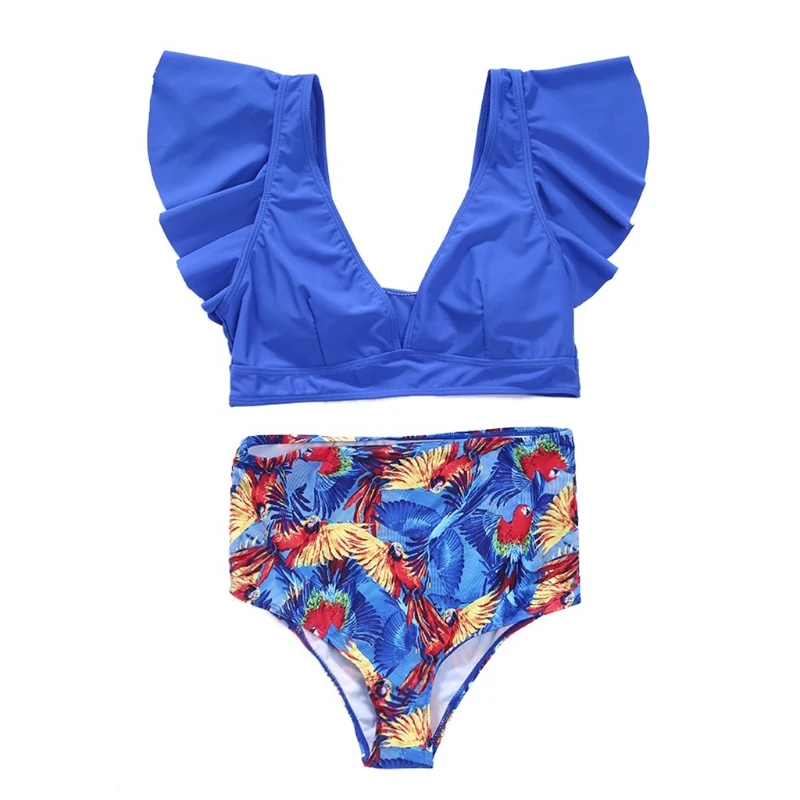

11XF Womens Sexy 2 Piece Bikini Set Flounce Ruffles V-Neck Push Up Padded Swimsuit High Waist Tropical Floral Print Beachwear
