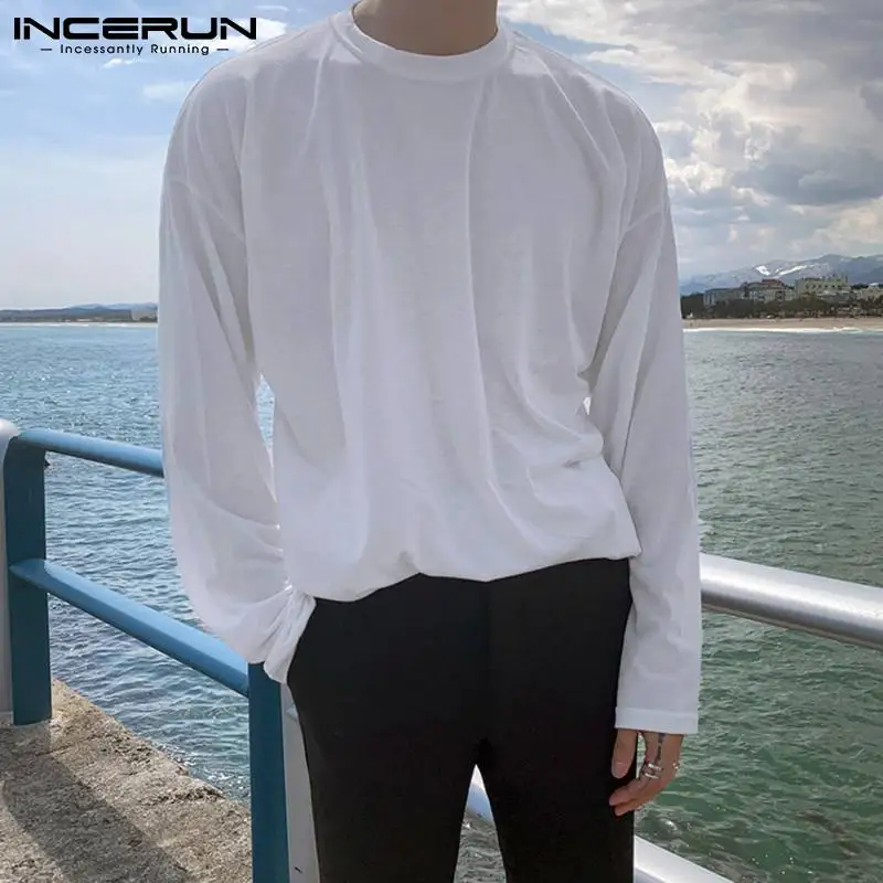 

Однотонная мужская футболка 2021 с круглым вырезом и длинным рукавом, Повседневная Уличная майка, топы для отдыха, уютная майка S-5XL INCERUN