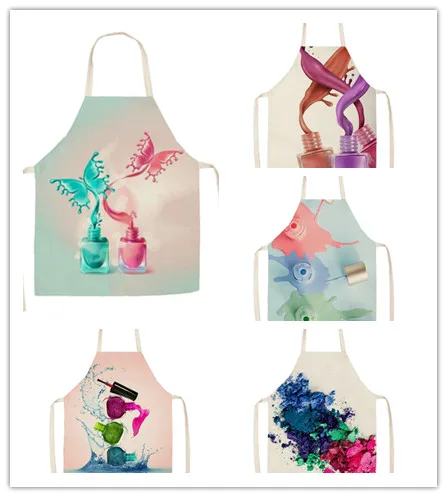 

Linen Colorful Nail Polish Cosmetics Theme Print Kitchen Aprons Unisex Dinner Party Cooking Bib Funny Pinafore Cleaning Apron