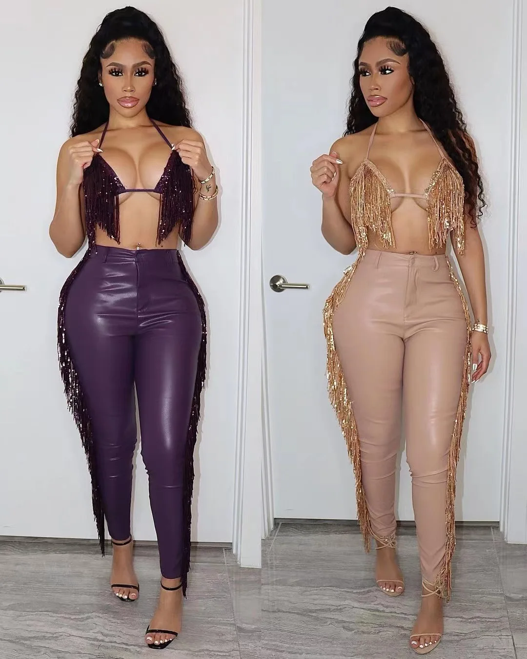

Aniow Luxurious New Design Tassel Sequin Bra Top Fringe Pants Set PU Leather Matching Set Streetwear Bodycon Sexy Outfits 2022