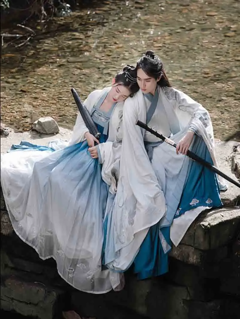 勾配ブルー韓服カップル中国古代の伝統的な韓服アダルトコスプレ衣装高級韓服セット男性 女性プラスサイズ