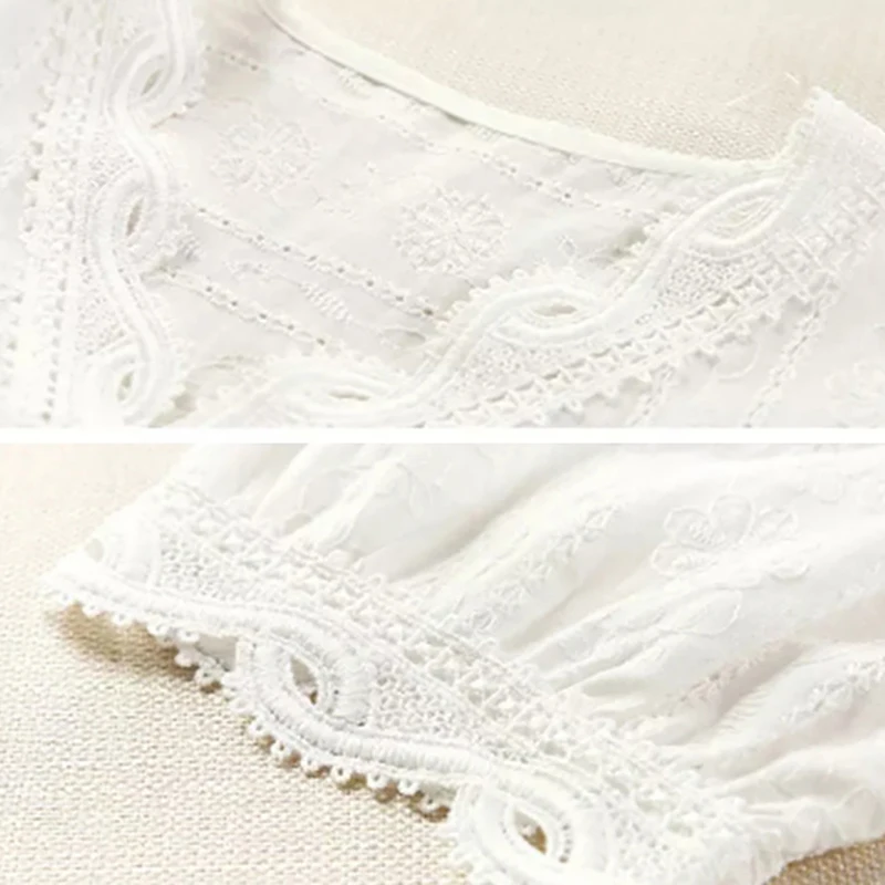 

Women Shirt Lace Hollow Out Sweet White Blouse V-Neck Blouse Half Sleeves Solid Blouse Shirt