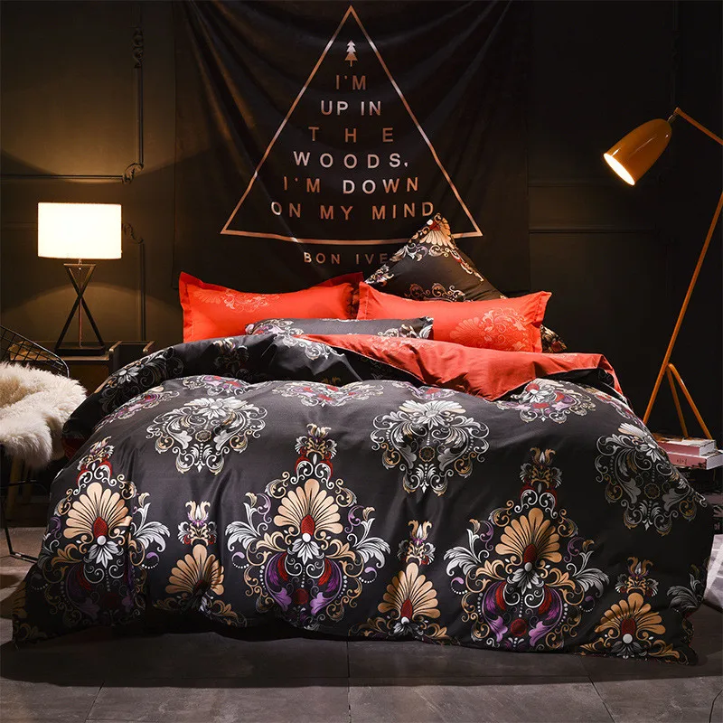 

Luxury Bedding Set 3/4pcse Palace Printing Duvet Cover Red Jacquard Fitted Sheets Flat Sheets Pillowcase National Style 4pcs Set