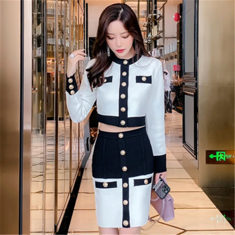 

CBAFU women knitted suit long sleeve short tops single breasted golden button cardigans pencil skirt knit 2 piece set F932