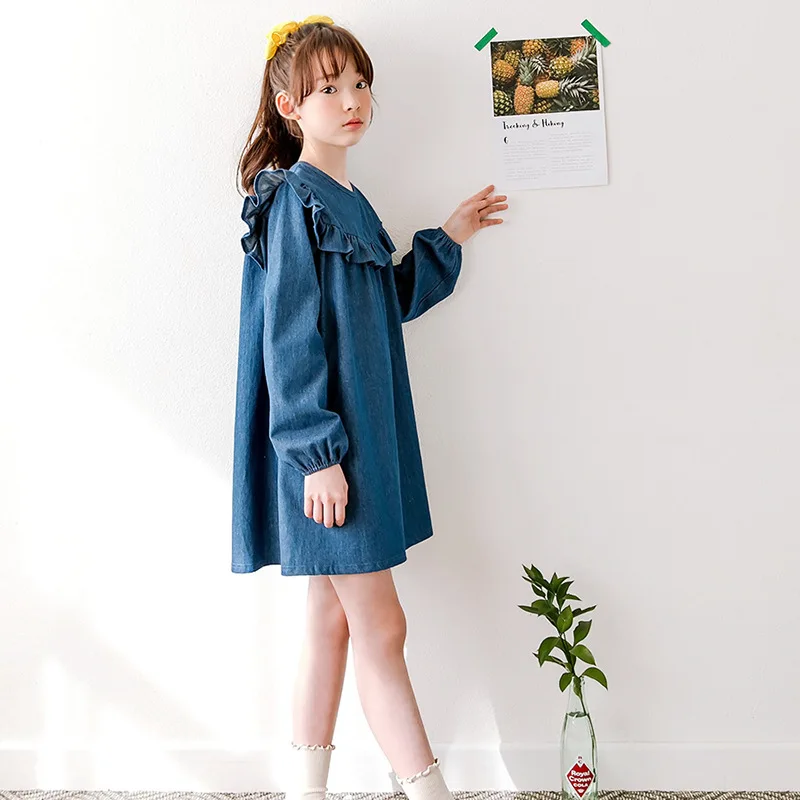 4 to14 yrs kids &amp teenager girls ruffle denim dress long sleeve cotton casual blue children fall winter princess vestidos | Детская