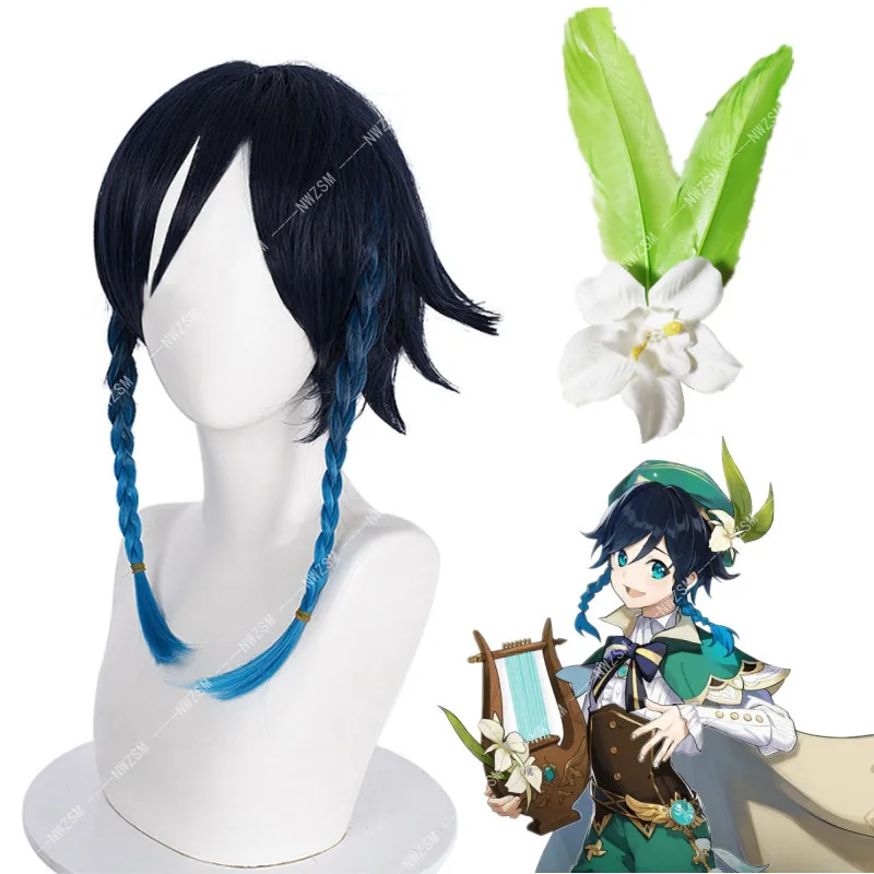 

Venti Cosplay Wigs Game Genshin Impact Hair accessories Gradient Blue Braided Wigs Heat Resistant Synthetic Hair