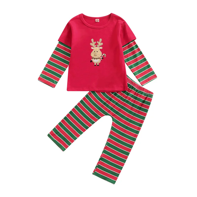 

2PCS Kids Baby Girls Christmas Clothes Set Deer Print Patchwork Long Sleeve O-neck T-shirt Tops Long Striped Trousers Pants 2021