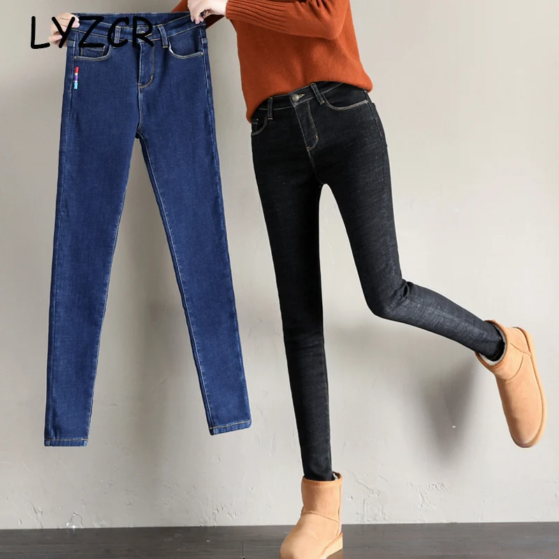 Обтягивающие толстые теплые флисовые джинсы для женщин зимние утепленные