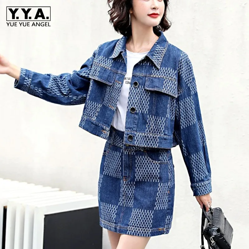 

Fashion Autumn Winter Womens Plaid Mini Skirt Suits Street Single-Breasted Lapels Jackets Female Casual Denim Two Piece Sets
