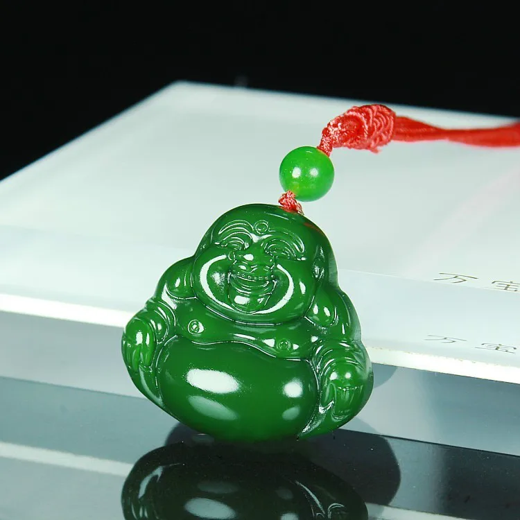 Китайский натуральный зеленый нефритовый Будда кулон ожерелье ручной работы