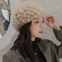 2021 new genuine mink fur hat hand knitted 100 real mink fur hat winter warm hat fashion lady beret hat