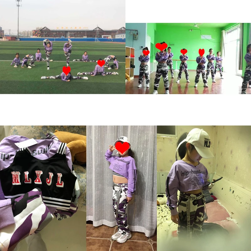 

Jazz Dance Costume Kids Hip Hop Clothing Purple Long Sleeve Tops Camouflage Pants Black Vest Girls Performance Clothes 110-180
