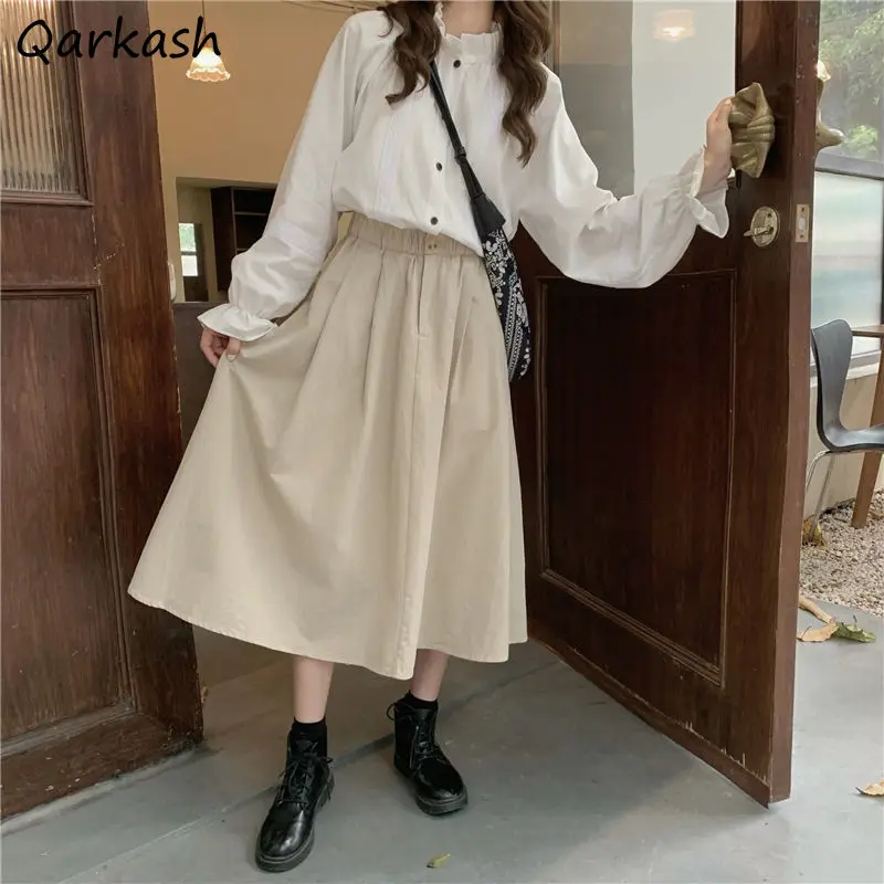 

Женский однотонный комплект из рубашки и юбки средней длины, элегантная однобортная трапециевидная юбка во французском ретро-стиле с О-обр...