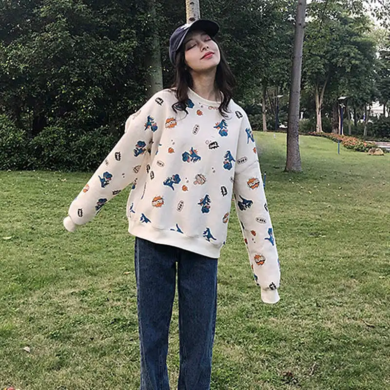 

Женские толстовки из полиэстера, пуловер с круглым вырезом и длинным рукавом, Свободные повседневные толстовки с принтом динозавра для пар,...