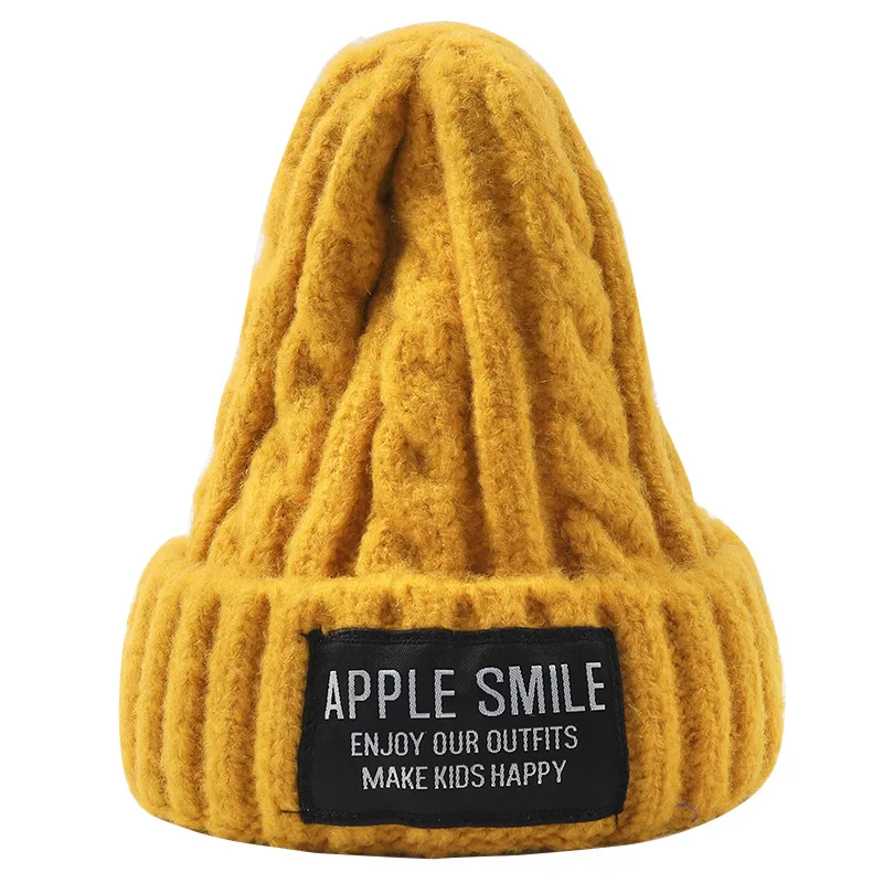 

Children's winter beanie cute solid color embroidery knitted hat wholesale boys and girls black yellow blue warm hat
