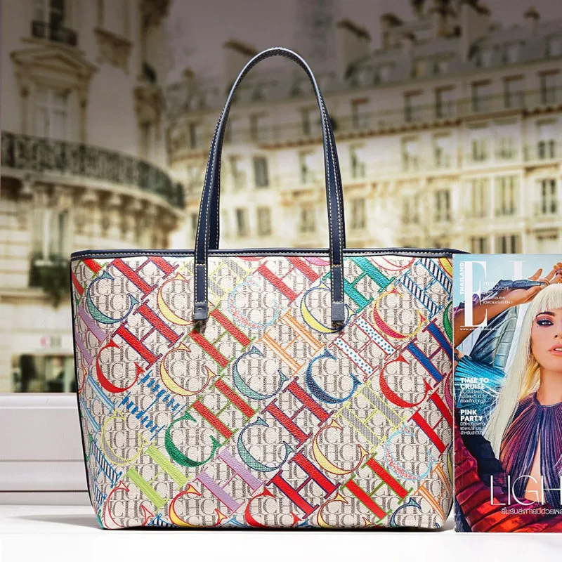 

100% Genuine Leather Women Large Totes Colorful CH Letter Printed Shoulder Bags Luxury Brand Designer Purses and Handbags Bolsa