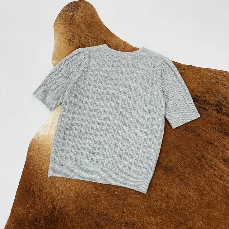

Gray Short Sleeve Sweater Women V-neck Single Breasted Solid Color Knitted Cardigan