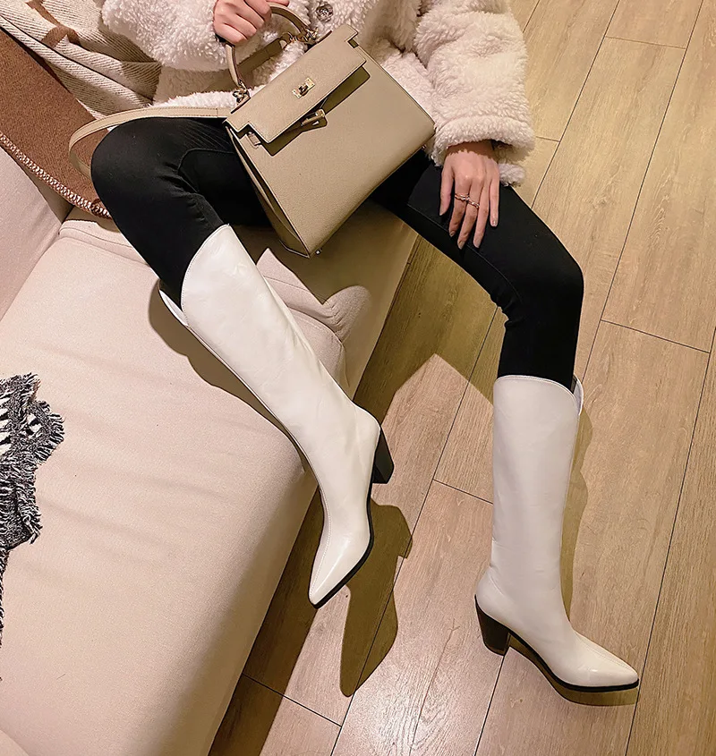 

boots women's pointed high-heeled simple boots fall and winter 2020 new cowhide high tube Western Cowboy Boots