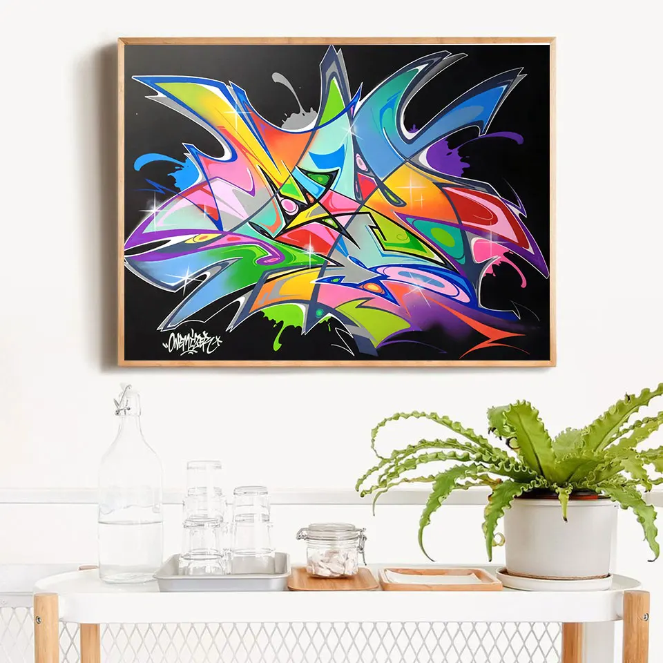 

Colorful Ruleless Graffiti Art Canvas Paintings Black background Wall Posters Prints Pictures for Living Room Bedroom Home Decor