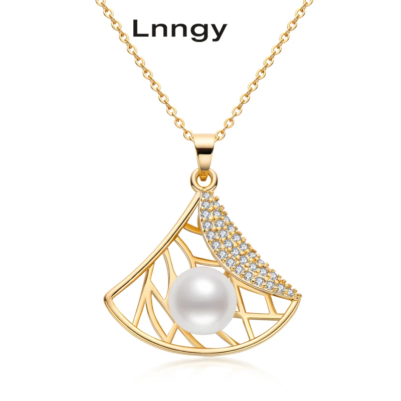Lnngy Real 14K Gold Filled Chain Necklace 8.5-9mm Natural Freshwater Pearl Skirt Necklace Women Engagement Pendant Pearl Jewelry