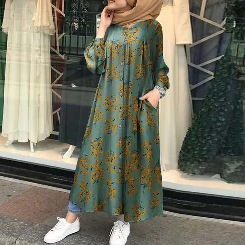 

Muslim Dress Kaftan Robe KALENMOS Women Long Sleeve Floral Printed Maxi Abayas Autumn Vintage Striped Loose Vestidos Femme Ropa