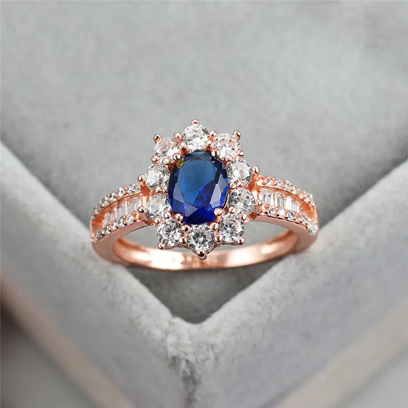 

6MM Oval Lab Sapphire Engagement Rings For Women 925 Sterling Silver Rose Gold Blue Gemstone Wedding Ring Female Bridal Jewelry