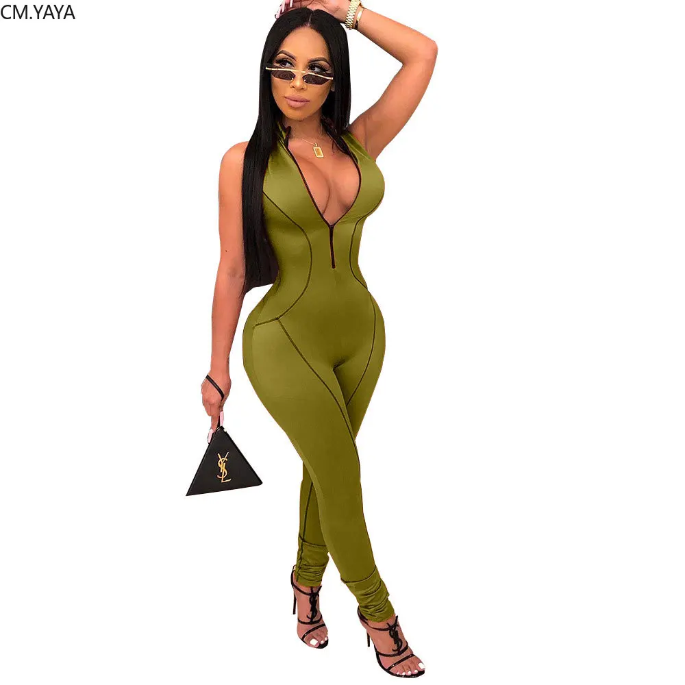 Зеленый women stripes splicing zipper up sleeveless zipper up bodycon long jumpsuit sexy night club party romper playsuit GLAJ4075 - Цвет: Зеленый