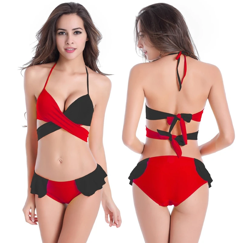 

The New Color-blocking Strappy Bikini Two-color Mix and Match Gathered Women's Two-piece Swimsuit Swimwear for Women Elegant