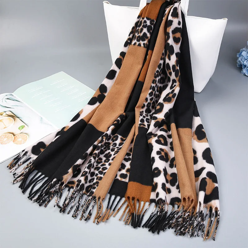 

Winter Warm Scarves Shawls Fashion Cashmere Brushed Pashmina Leopard Print 200*70cm Ladies Neck Scarf Hijab Echarpes chales