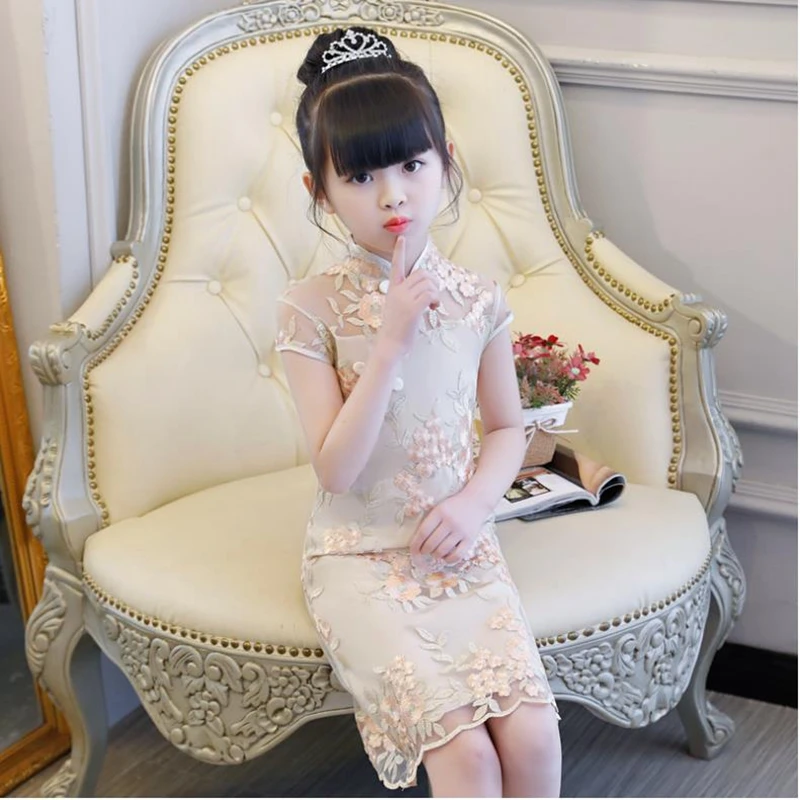 Chinese Traditional Style Girls Cheong-sam Baby Dress Summer Casual Dresses Children Perform Qipao Party Dress Formal Gowns