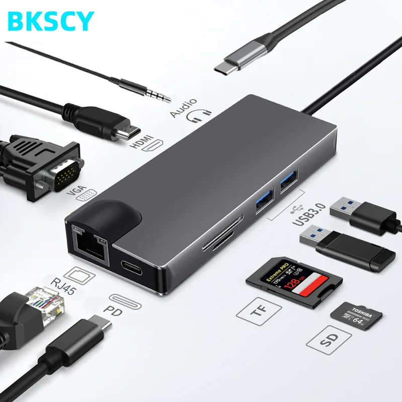 BKSCY Type C HUB к HDMI VGA 3 5 мм аудио RJ45 адаптер USB 0 Thunderbolt для MacBook Pro Samsung Galaxy S9 HUB|USB-хабы| |