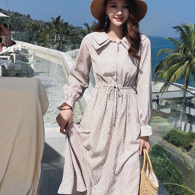 Весна Осень 2020 Новое Стильное платье средней длины с воротником в виде листьев