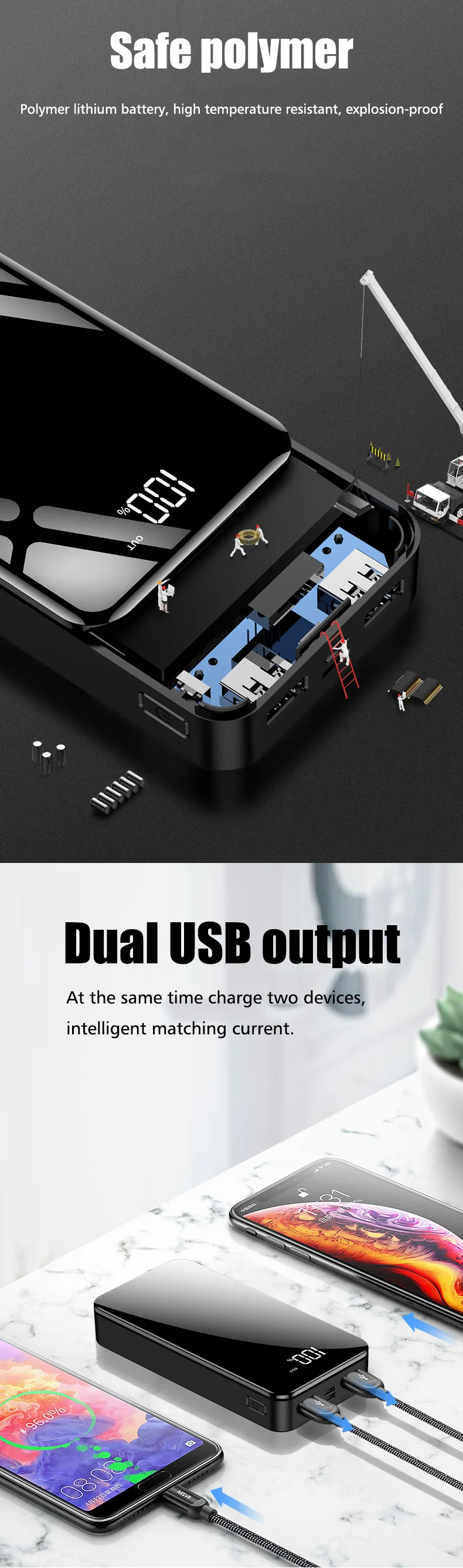 18650 Внешний аккумулятор 20000 мАч Внешний аккумулятор 2 USB светодиодный внешний аккумулятор type-c портативное зарядное устройство для мобильного телефона huawei Xiaomi