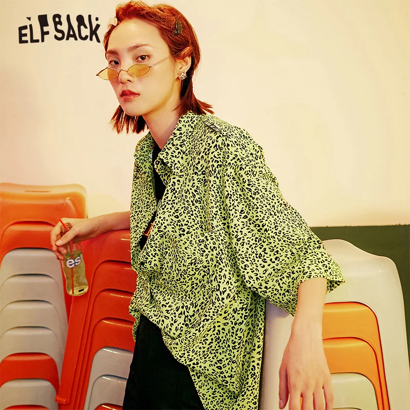 ELFSACK Sexy Leopard Women Shirts 2019 Autumn New Fashion Neon Yellow Female Bloouses Streetwear Vintage Casual Femme Tops | Женская