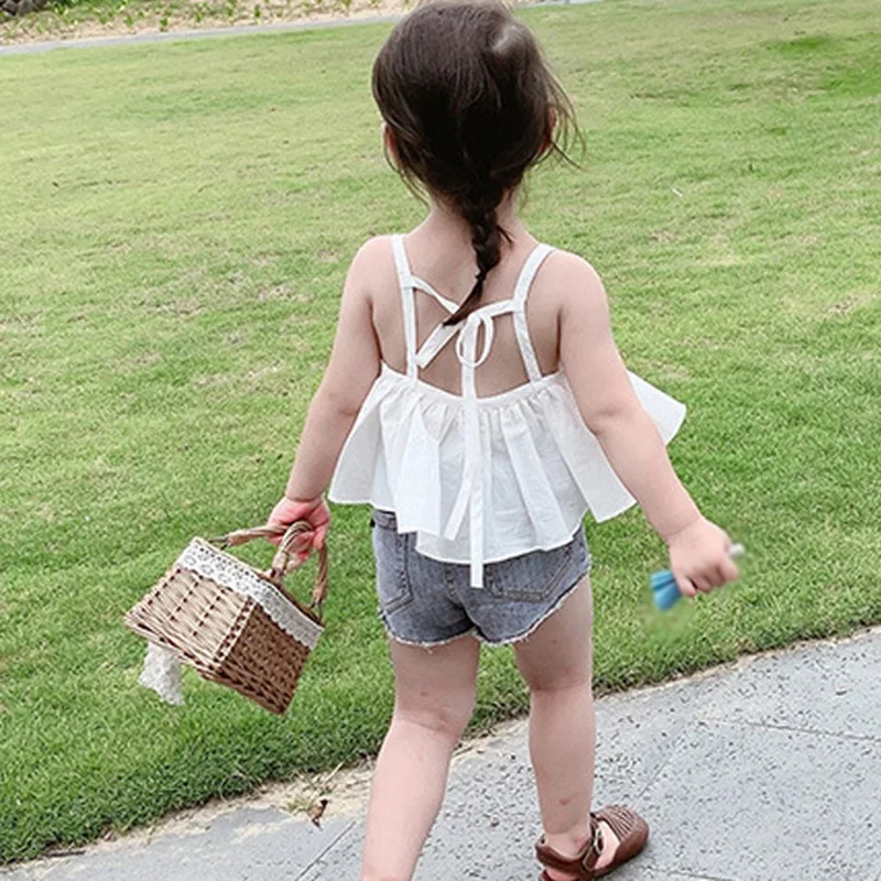 

Korean Summer Girls Suspenders Solid Shirt Sling Sleeveless Dress Top Casual Cotton Fashion Kid Clothing For Girl