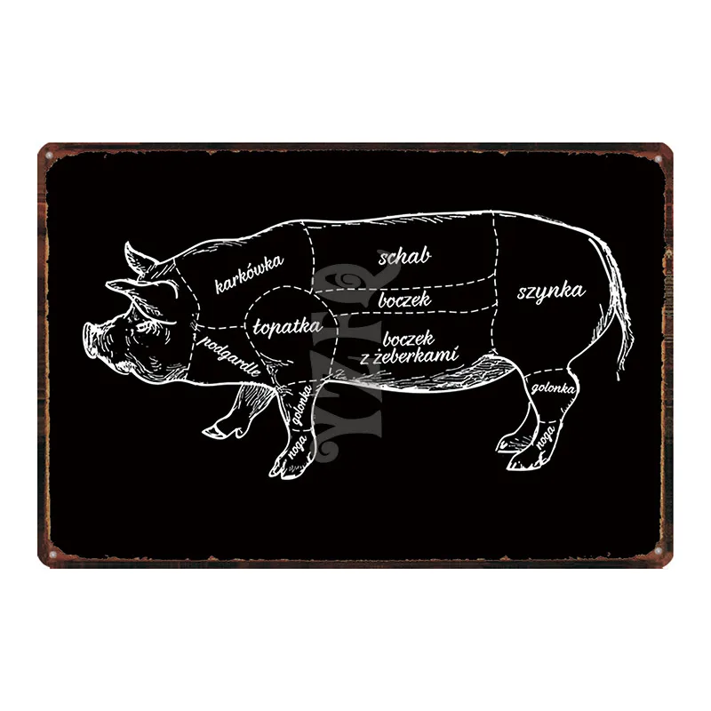 Мясной магазин кусков свинины в стиле потертый шик Олово Признаки Винтаж