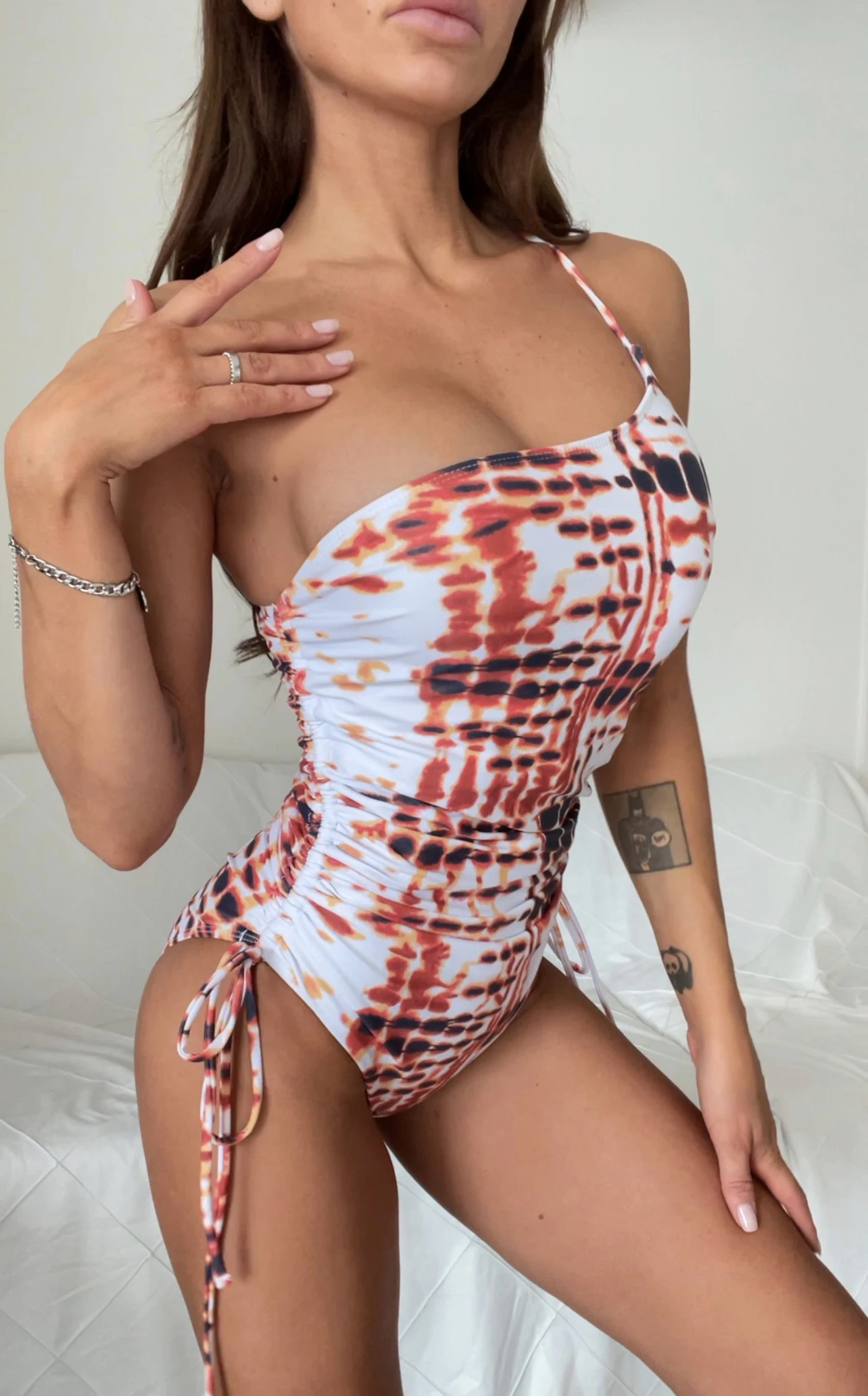 

Print One Shoulder Swimwear Woman 1 Piece Push Up Swimsuit Drawstring Bathing Suit 2021 New Feminino Sexy Beach Bodysuits Summer