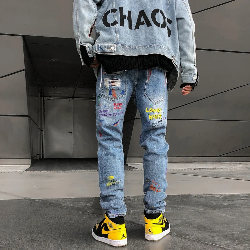 Ковбойская безрукавка мужские и женские джинсы хип хоп Уличная дыра граффити